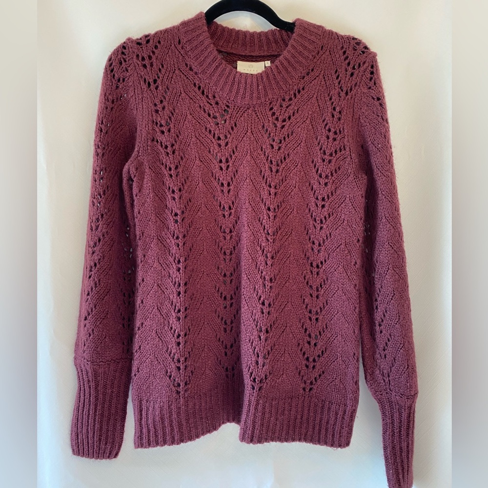 Women's Burgundy feminine Coquette Girl Open Knit Puff Sleeve Crewneck Sweater S - Picture 3 of 13